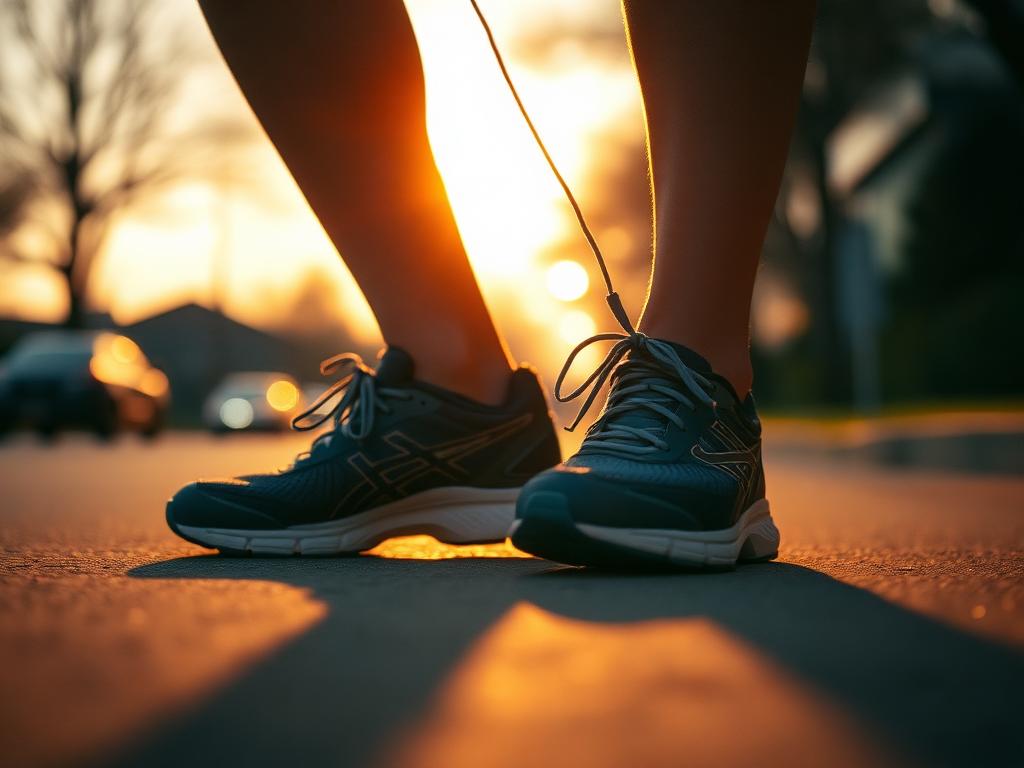 Lacing up running shoes on a quiet street before sunrise