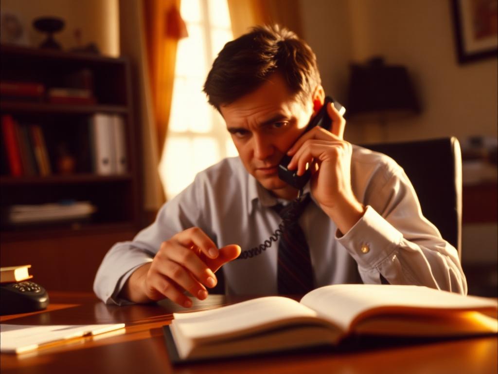 A person making a difficult call at a desk with a notebook open