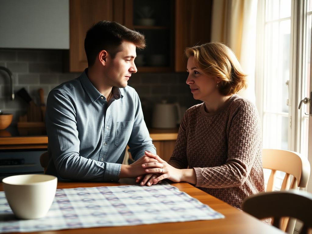A couple having an honest conversation at the kitchen table in morning light