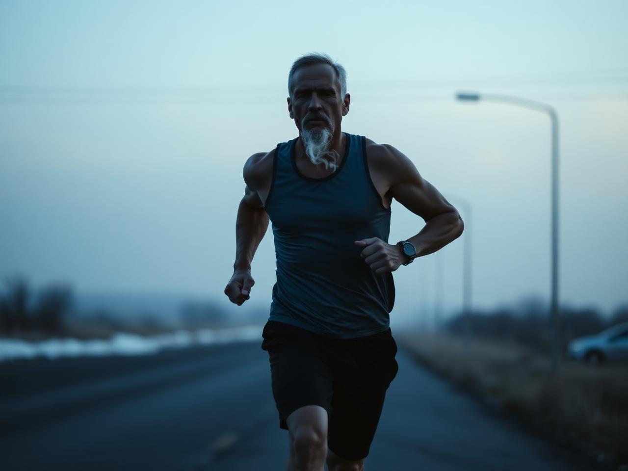 A runner alone on an empty road at dawn